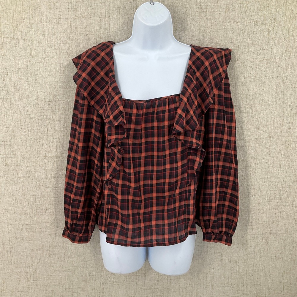 Madewell Blouse Womens S Orange Plaid Cotton Ruffle Square Neck Boho Classic NEW